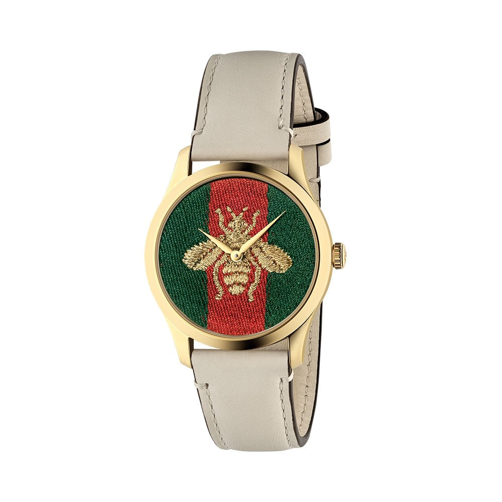 Gucci G Timeless Green/Red/Gold Watch With Ivory Strap YA1264128