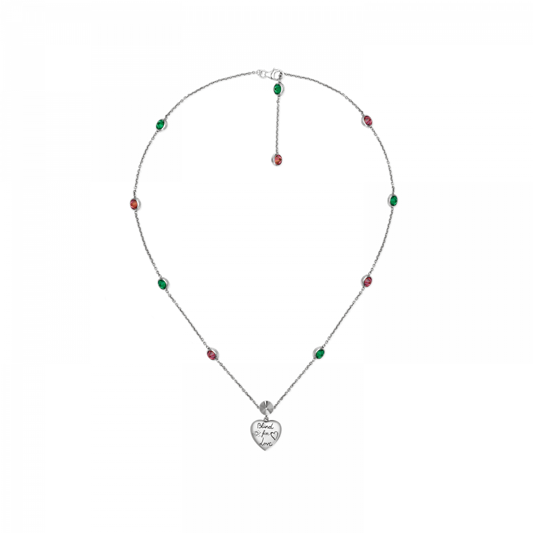 Blind For Love Heart Necklace With Green & Pink Cz (sterling Silver)